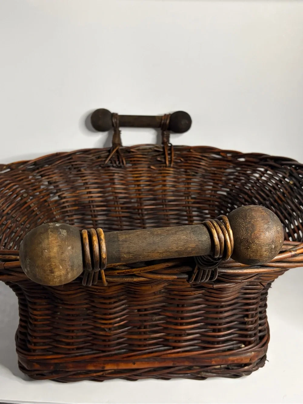 Large Wicker Willow Basket Turned Wood Handles Slat Bottom Rustic Farmhouse